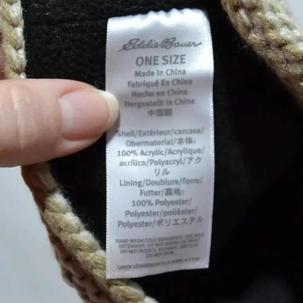 Eddie Bauer Girls Tan & Cream Knit Brimmed Beanie Hat Fleece Lined